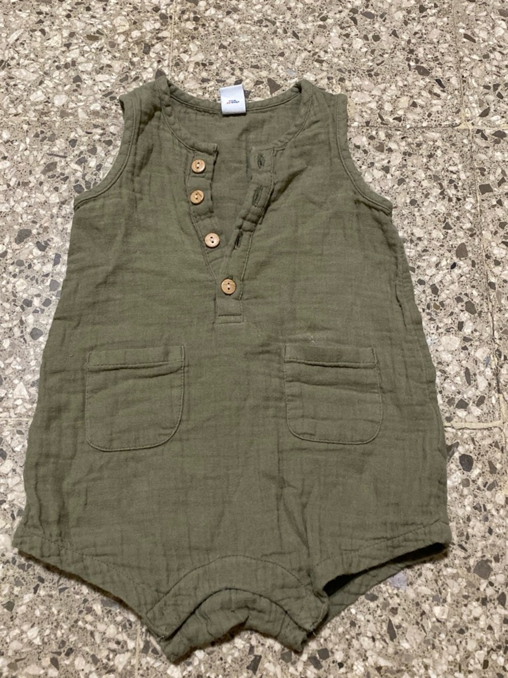 Old Navy Olive Green Sleeveless Baby Romper with Wooden Buttons 12-18 months